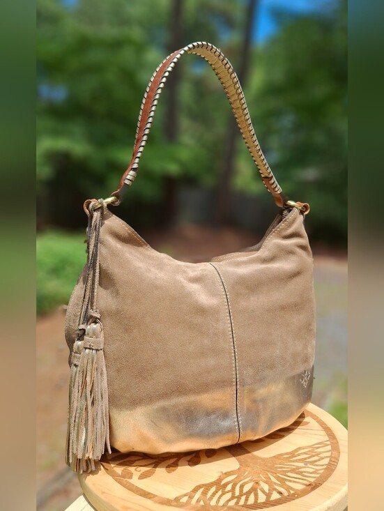 Patricia Nash Handbags - Patricia Nash Gold Ombre Tan Suede Tassel Whipstitch Leather Hobo Bag